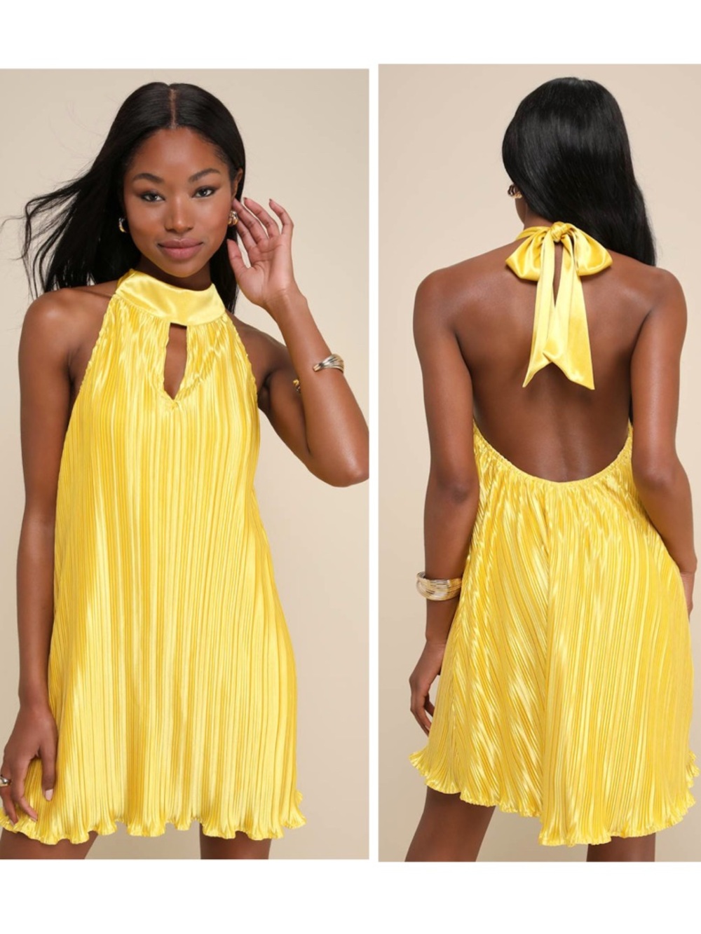 Lulus Pretty Aura Yellow Satin Plisse Mock Neck Mini Swing Dress Size Small Sexy